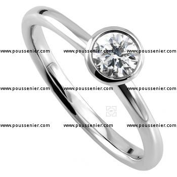 handmade solitaire ring with a brilliant cut diamond bezel set in a cup with a small whole left and right