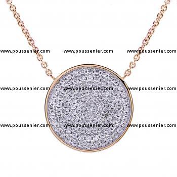 necklace with a flat pavé set disc with brilliant cut diamonds finished with an unset border