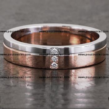handmade slim wedding ring with an engraved line on a third and set with three diamonds set crosswise