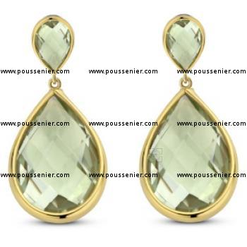 earrings with pear-shaped double dome cut prasioliet around which a golden setting and finished with a clip system