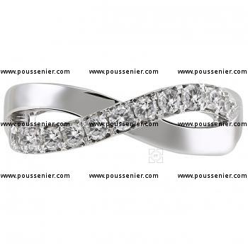 pavé ring with crossed or braided and bended bands set with brilliant cut diamonds