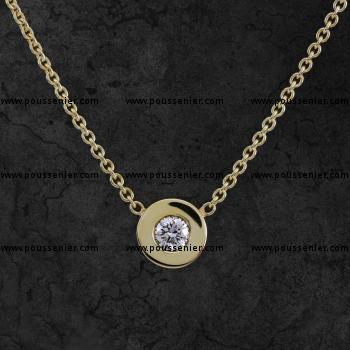 solitaire necklace with a brilliant cut diamond set in a flat disc or low bezel set pot with a wider edge, fixed to an anchor chain (with an extra ring at 5cm)