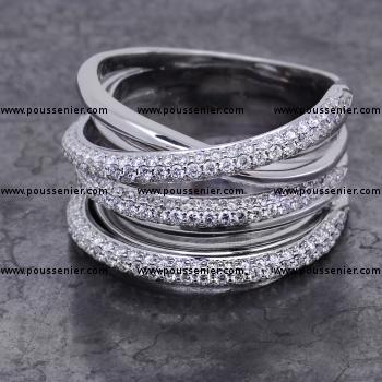 pavé ring with seven bollige crossed bands with three pavé set with three lines of brilliant cut diamonds