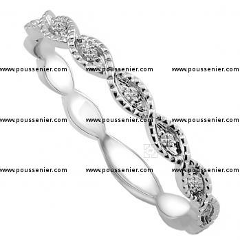 wedding ring with a braided look set with brilliant cut diamonds finished with millegrain