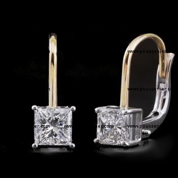 handmade solitaire earrings with princess cut diamonds set with four gifs on a hook with clip system