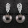 pavé set earrings with brilliant cut diamonds on a teardrop shape including round green-black Tahiti pearls