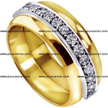wedding ring with two slightly rounded bands in between half set with brilliant cut diamonds