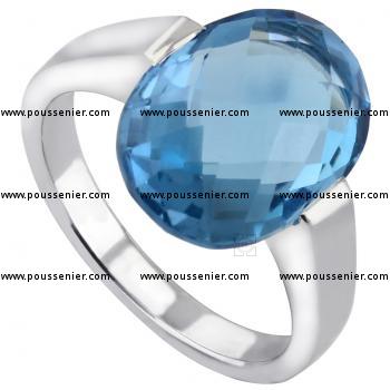 modern ring with round oval faceted topaz kept between the shank