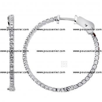 round creole or hoop earrings with front and inner side set with brilliant cut diamonds in smaller block baskets