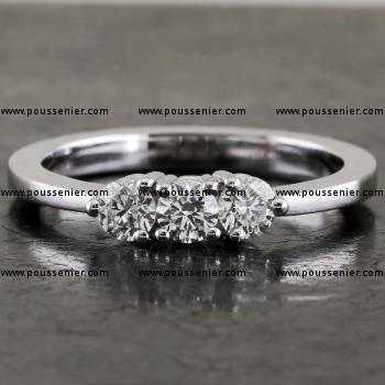 handmade trilogy ring with three brilliant cut diamonds set with prongs, some prongs on the shank