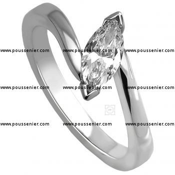 solitaire ring with a marquise cut diamond upon a band in a V-prong-setting