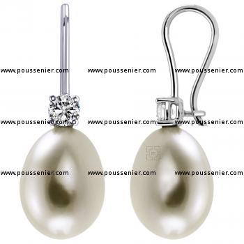pearl earrings with brilliant-cut diamonds and cultured pear shaped pearls on a hook