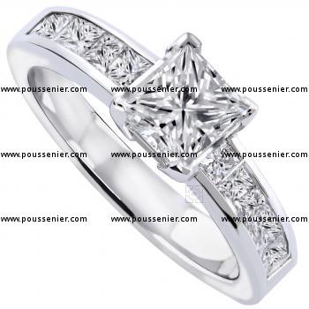 solitaire ring with central princess cut diamond and channel set princess cut diamonds on the side