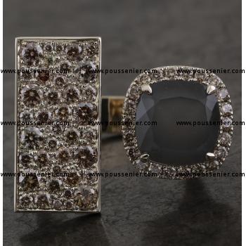 toi et moi entourage ring with a cushion cut smoke quartz surrounded with greyish brownish brilliant cut diamonds next to which a pavé set plateau