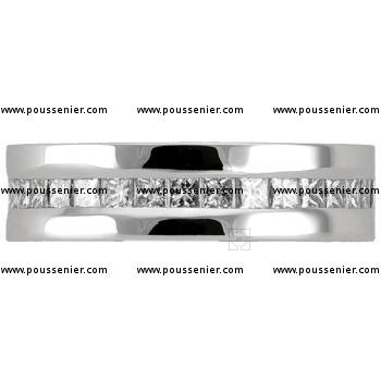 slim wedding ring with a row of channel set princess cut diamonds