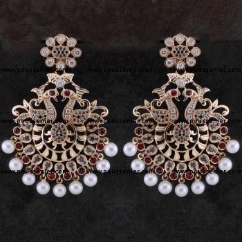peacock-kemp-balis or peacock rooster earrings with black & white brilliant cut diamonds pavé set and at the bottom with pearls and rubies and clip system