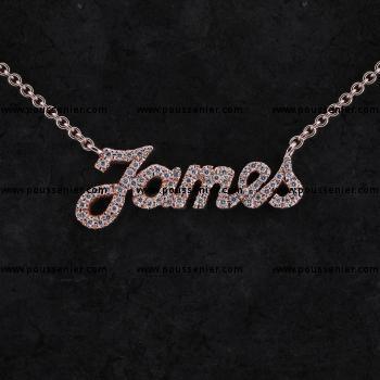 collier met naamplaat "James" ofte vijf met de hand uitgezaagde en kasteelbezette letters (Oogje op 2 en 4cm)