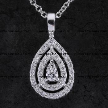 double pear shaped halo pendant with brilliant cut diamonds set in gifs surrounded by small brilliant cut diamonds mounted on a narrower bracket