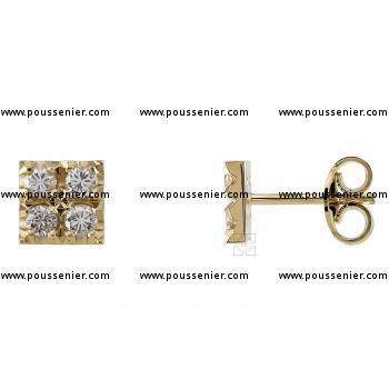 pavé earrings with four brilliant cut diamonds castle set on a slim square plate