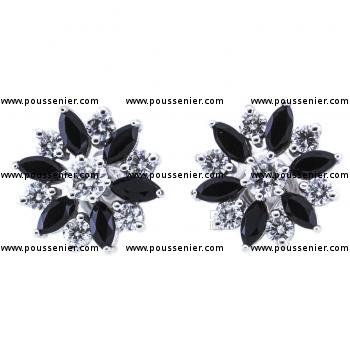 flower earrings with brilliant cut diamonds and black marquis onyx set with claws or prongs