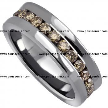 slim eternity ring with a row of natural brown brilliant cut diamonds channel set droped in black rhodium