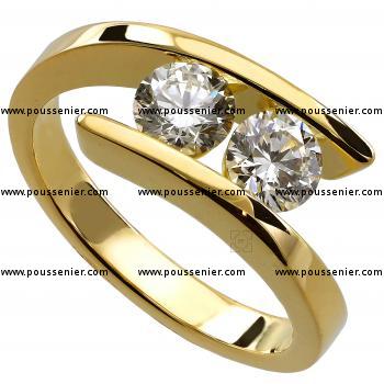 trilogy ring with two brilliant cut diamonds slim set in between the band