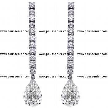 earrings with a row of brilliant cut diamonds ending with pear shaped diamonds