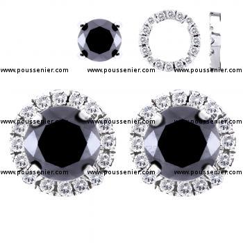 solitaire and etnourage earrings with black brilliant cut central diamonds with detachable flat entourage elements