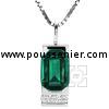 handmade slim pendant set with an emerald cut emerald with slank corners and below three brilliant cut channel set diamonds.