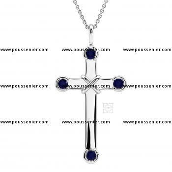 flat cross with sapphires set in for three fourth closed donuts and with an extra cross wrapped over main cross and with a fixed bracket